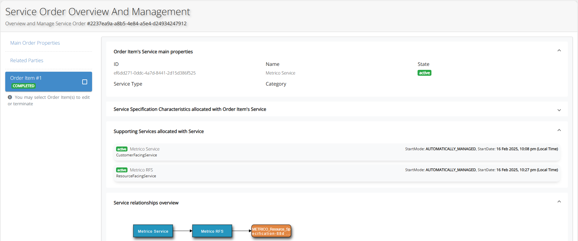 Metrico CFSS Completed Order