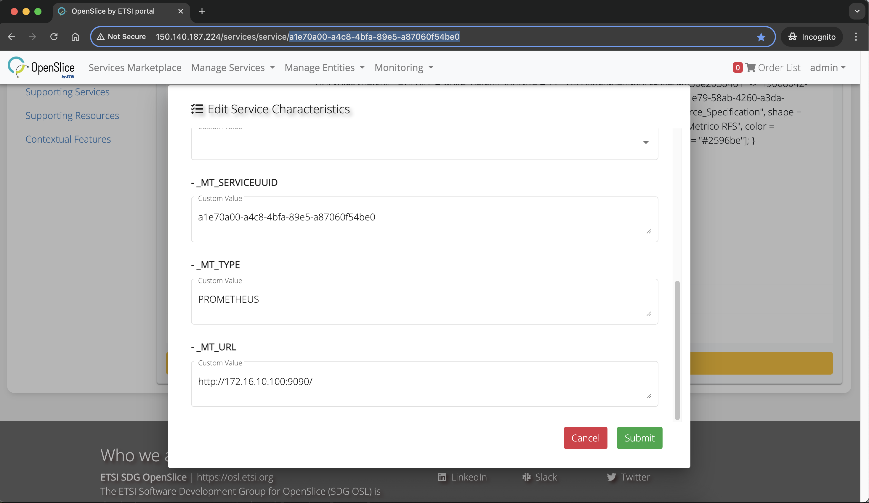 Edit Metrico CFS Service Characteristic "_MT_SERVICEUUID"
